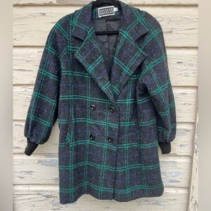 Vintage 80s 1980s Spencer Douglas Windowpane Plaid Double-Breasted Wool Pea Coat